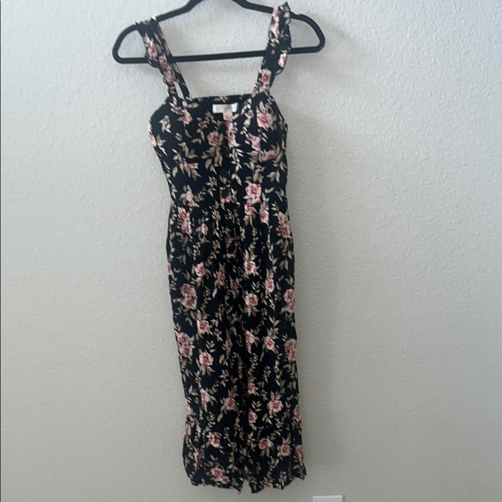 Elegant Floral Midi Dress in Black and Pink